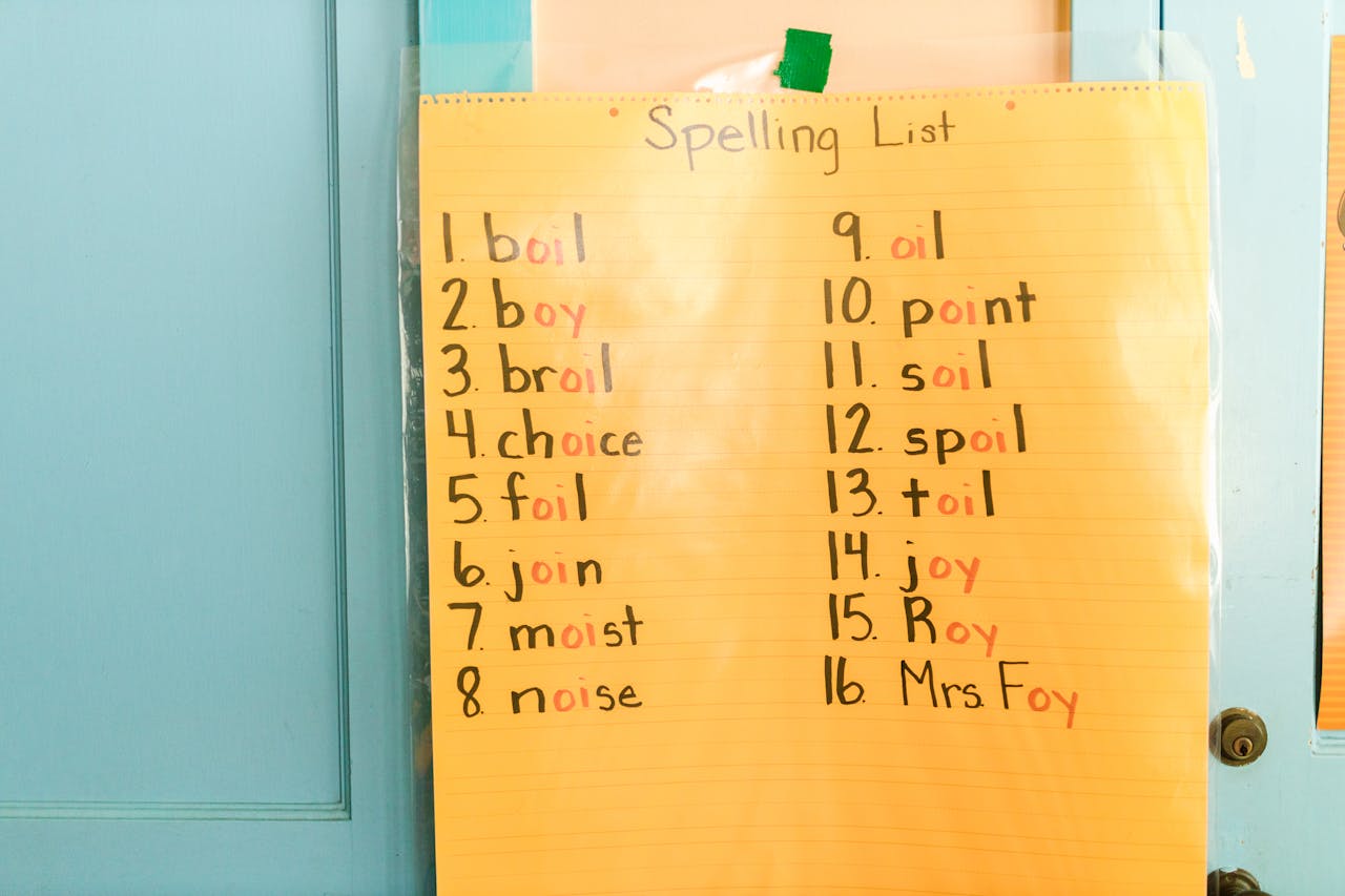 A handwritten spelling list on colored paper displayed on a classroom wall, perfect for educational themes.